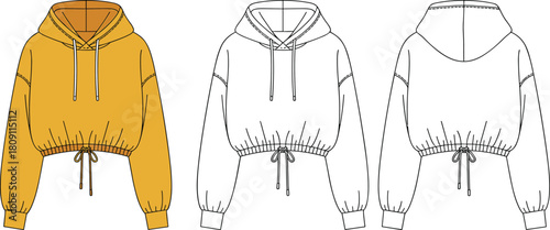 Cropped hoodie fashion sketch, drawstring hem sweatshirt design, CAD drawing, flat vector illustration, garment template, front view, apparel mockup
