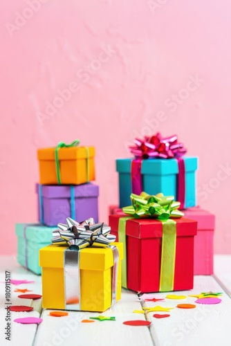 Colorful Gift Boxes with Decorations on Pink Background
