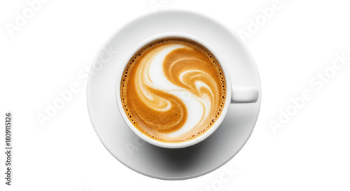 Top view of a cup of cappuccino with latte art isolated on transparent background