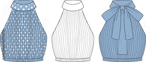 High neck sleeveless tops, pleated blouse design, fashion flat sketch, bow detail, polka dot, CAD drawing flat vector illustration**