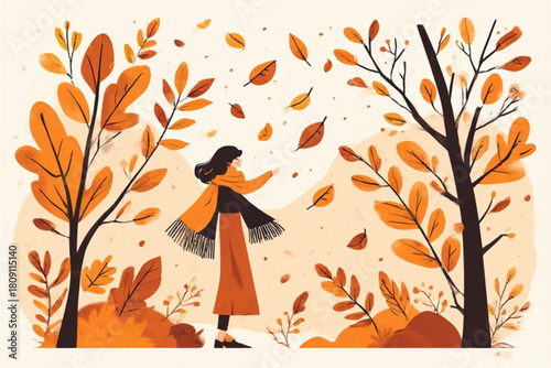 Woman in autumn setting, wearing a scarf, enjoying falling leaves among trees.