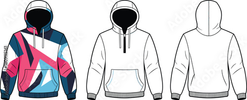 Geometric hoodie design, front, back, side view, fashion sketch, abstract pattern, CAD drawing, flat vector illustration, apparel template