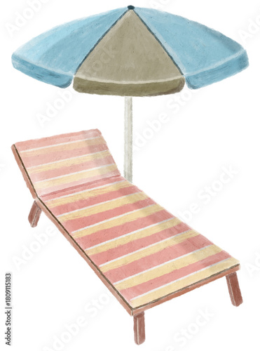 Beach Lounger Deckchair with Umbrella Drawn with Pastel Crayon