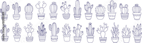 Vector art of handdrawn blue pen sketch of various potted cacti plants isolated on
