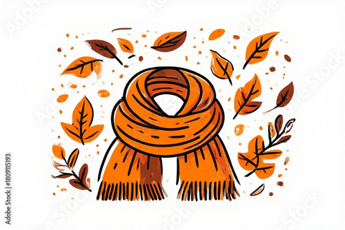 Illustration of an orange scarf surrounded by falling autumn leaves in shades of orange and brown.