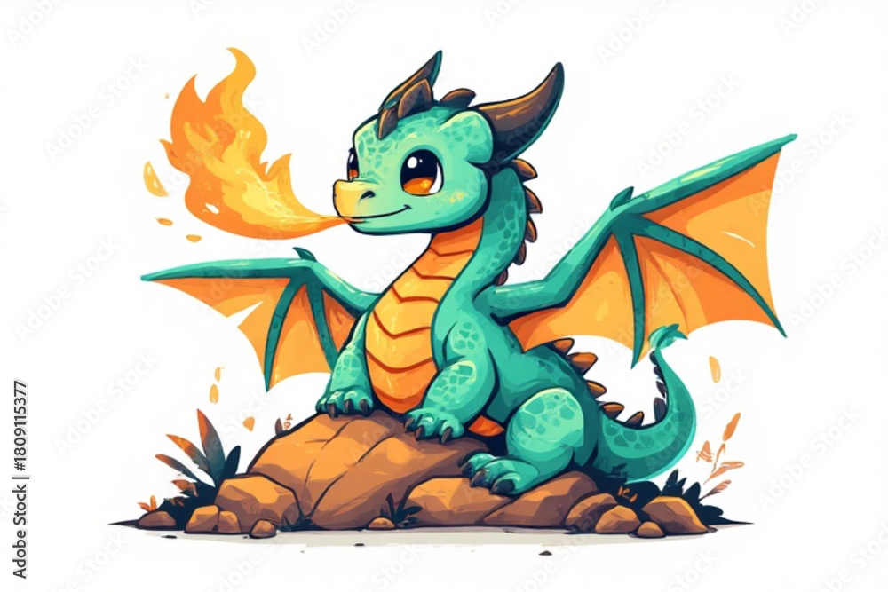 Fototapeta premium A cute, cartoon dragon, perched on a rock, exhaling a fiery breath.