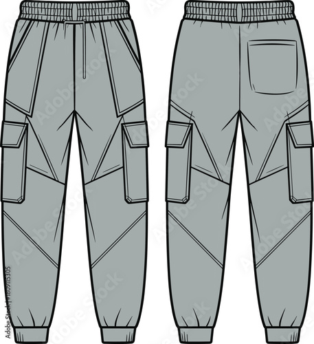 Cargo pants technical flat sketch, front and back view, elastic waistband, flap pockets, ribbed cuffs, CAD drawing, flat vector illustration