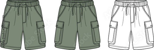 Cargo shorts illustration, green color, fashion design, technical drawing, flat sketch, apparel template, outline, vector, summer wear, casual style