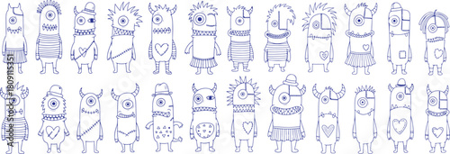 Vector art of handdrawn blue pen sketch of funny cartoon monsters isolated on