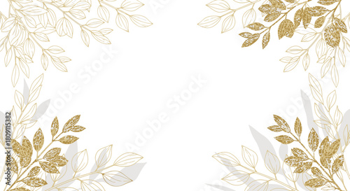 Elegant Gold Botanical Vector Background - Luxury Foliage Border & White Minimalist Template
