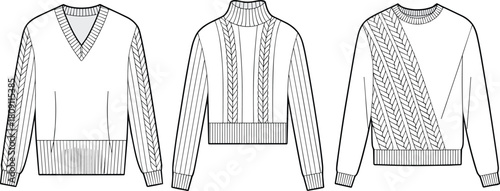 Cable knit sweater designs, fashion flat sketch, V-neck, mock neck, crew neck, ribbed hem, CAD drawing flat vector illustration**