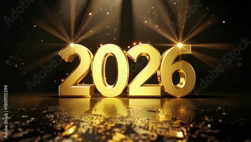 Glittering gold 2026 numerals on a stage with spotlights for a celebratory year end scene