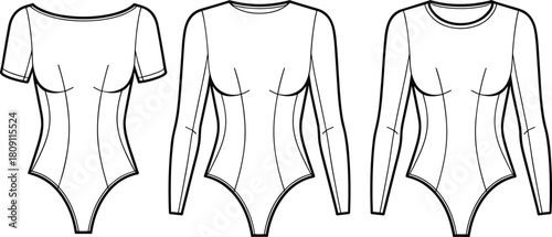 bodysuit, fashion, technical, illustration, vector, flat, cad, drawing, apparel, design, sleeve, variation, princess, seam, fitted, silhouette, neckline, garment, womenswear, template