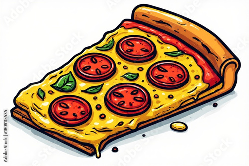 A single slice of pizza with tomato slices and basil leaves, ready to eat.