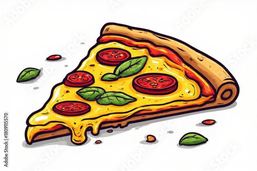 A single slice of pizza with cheese, pepperoni, and basil leaves.