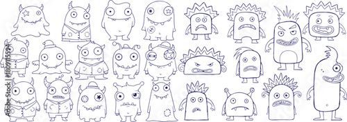 Vector art of set of cute cartoon monster characters line art isolated on