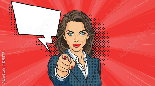 A beautiful pop art business woman points at you with a speech bubble. Pop art in comic book style.