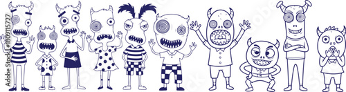 Vector art of group of funny and spooky cartoon monsters with various expressions and patterns