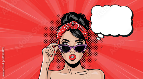 Young woman surprised in pop art style with a speech. Pop art in comic book vector style.