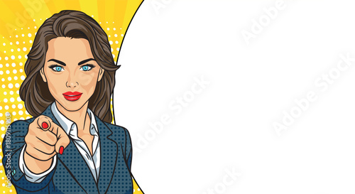 Young business woman in pop art style with a large banner. Pop art in comic book vector style.