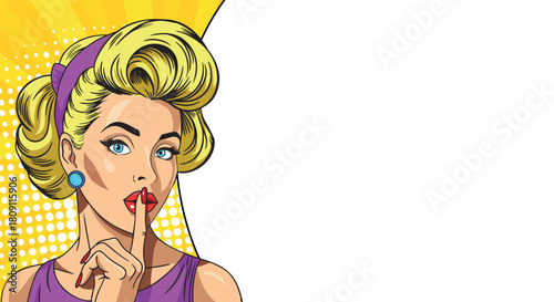 Young blonde woman in pop art style with a large banner. Pop art in comic book vector style.