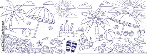 Vector art of hand drawn doodle set of summer beach elements isolated on