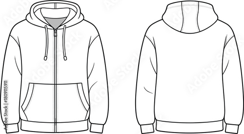 Zip-up hoodie technical fashion illustration, vector flat drawing, streetwear template, isolated front and back views, cad drawing flat vector