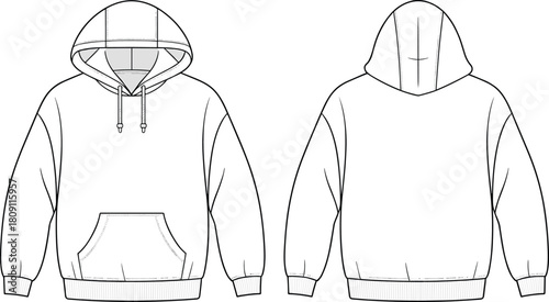 Oversized hoodie with paneled hood technical fashion illustration, vector flat drawing, streetwear template, front and back, cad drawing flat vector