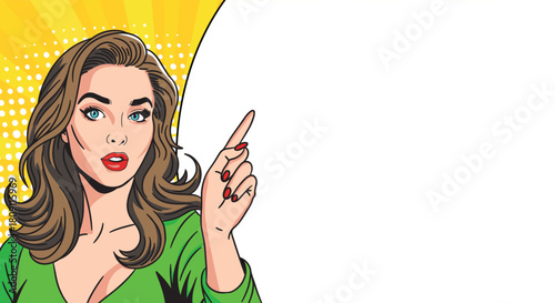 Young brown-haired woman in pop art style with a large banner. Pop art in comic book vector style.