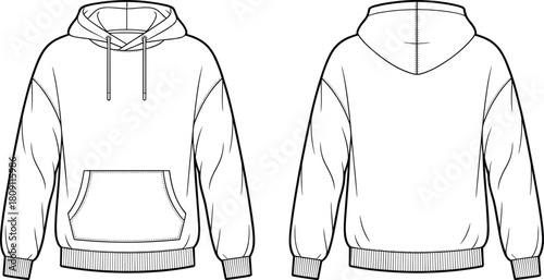 Oversized hoodie technical fashion illustration, vector flat drawing, streetwear template, isolated front and back views, kangaroo pocket, cad drawing flat vector