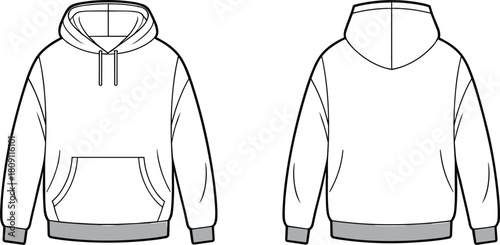 Men's oversized hoodie technical fashion illustration, vector flat drawing, streetwear mock up template, isolated front and back views, cad drawing flat vector