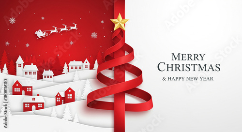 Christmas festive background with red ribbon tree and winter landscape