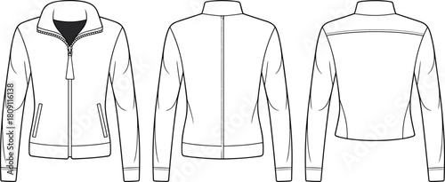 Women's zip-up jacket technical fashion illustration, vector flat drawing, sportswear mock up template, isolated front and back views, cad drawing flat vector