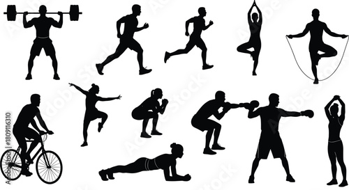 Collection of fitness silhouettes featuring weightlifting, running, yoga, cycling, boxing, planking, and gym workout exercises vector illustration set.