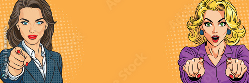 Two beautiful business women show wow in pop art style. Pop art in vector comic style.