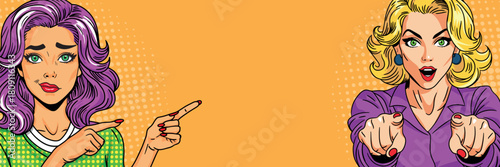 Two beautiful women show wow in pop art style. Pop art in comic book vector style.