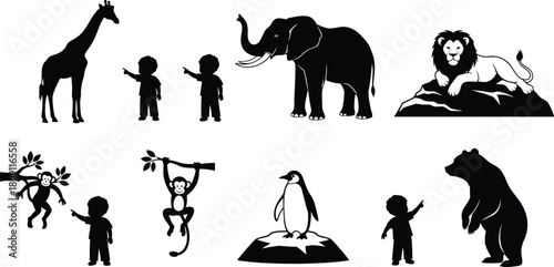 Collection of wild animal silhouettes including giraffe, elephant, lion, monkey, penguin, bear, and pointing child vector illustration set.