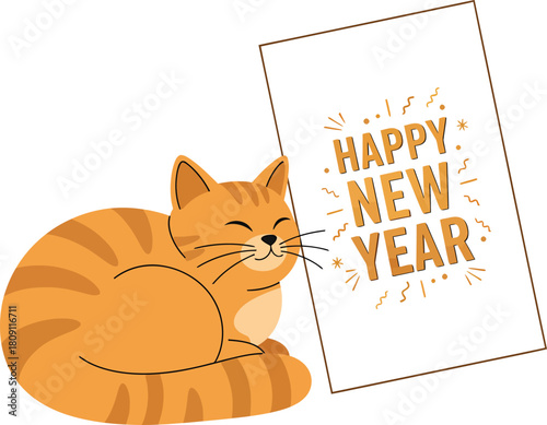 A cute orange tabby cat is resting peacefully next to a "Happy New Year" greeting card.