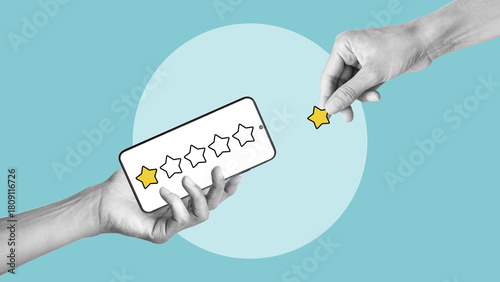 Obraz na plátně Customer complaints - Hand selects two stars rating on smartphone screen