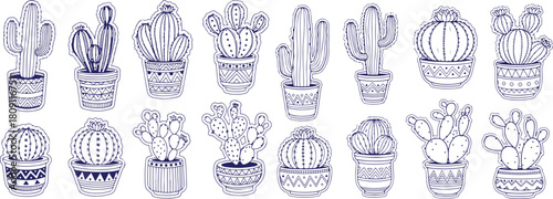 Vector art of hand drawn doodle style cacti in pots, succulent plants isolated on