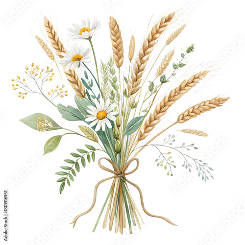 Watercolor bouquet of wheat ears and daisies on a black background