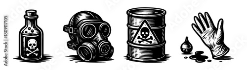 Toxic hazard vintage style engraving icons, chemical danger set