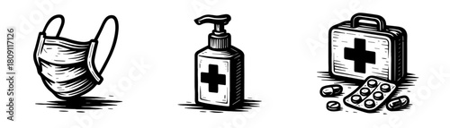 Medical protection vintage style engraving icons, health care set