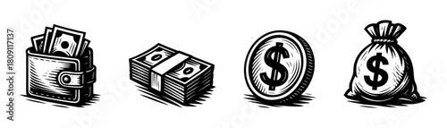 Money collection vintage style engraving icons, cash finance set