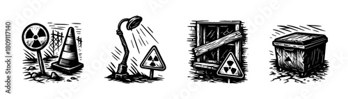 Radioactive zone vintage style engraving icons, toxic area set