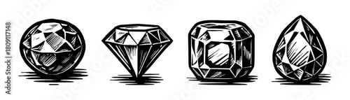 Gemstones vintage style engraving icons, luxury jewelry set