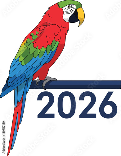 A colorful cartoon parrot, predominantly red, green, and blue, perches on a dark blue bar with the year 2026 written below it on a white background.