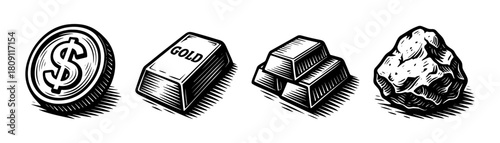 Precious metals vintage style engraving icons, gold finance set