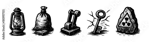 Survival gear vintage style engraving icons, post apocalypse items set