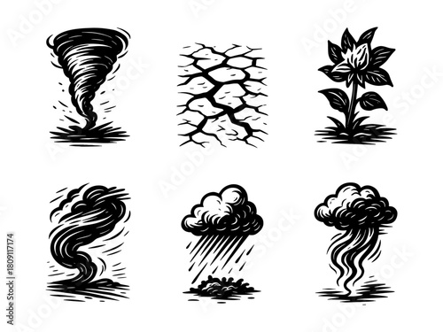 Natural disasters vintage style engraving icons, climate crisis set